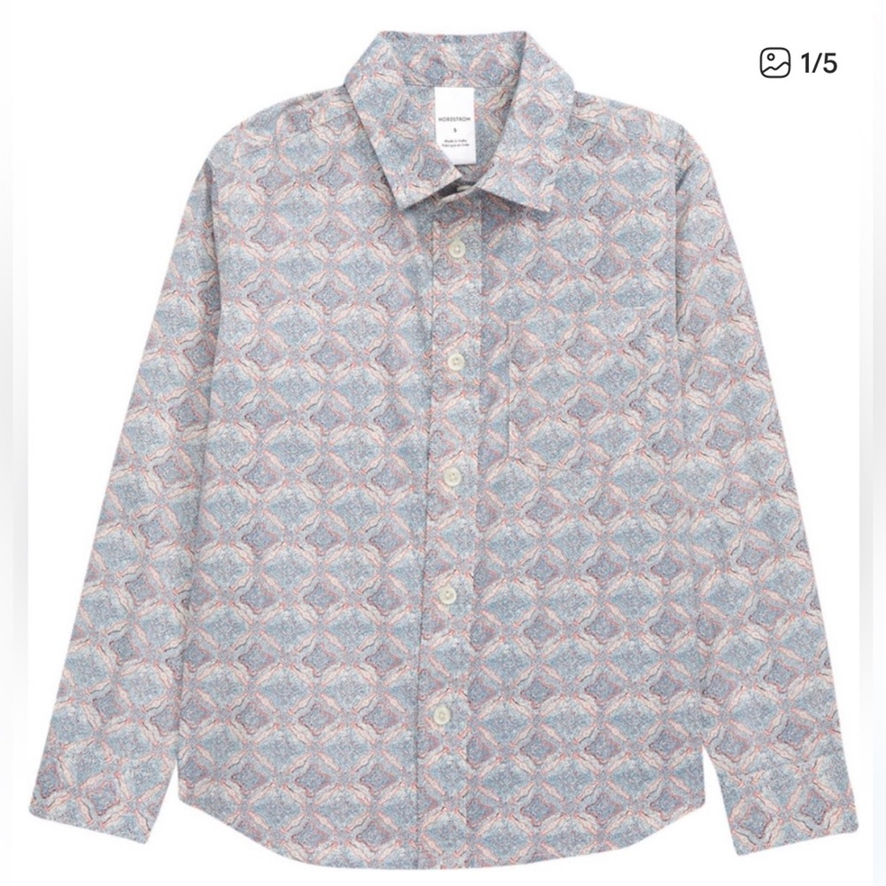 Nordstrom Boys Casual Blue and Pink Pattern button down shirt size 6